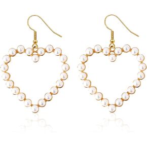 Pearl Heart Hoop Dangle Anmpab Earrings Imitation Pearl Love Heart Earrings Circle Beaded Loop Drop Earrings for Women Girls Elegant Jewelry Valentines Day