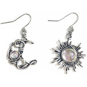 Boho Opal Sun and Moon Drop Dangle Earrings Moonstone Natural Stone Hook Bohemian for Women Girls Asymmetrical Antiqued Silver Celestial Jewelry