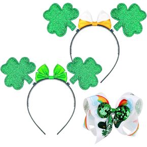 شريط راس بتصميم نبات نبات النفل بلون اخضر ايرلندي، مشبك شعر بفيونكة خضراء للنساء من 3 قطع، اكسسوارات ازياء عيد القديس باتريك in Kuwait
