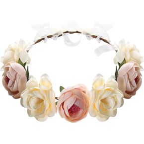 Flower Headband Rose Floral Headpiece Women Crown Leaf Bohemian Hair Hoops Bands Hairband Wreath Garland Cosplay Costume Dress Up Masquerade Halloween Wedding Birthday Party Accessories Supplies Beige in Kuwait