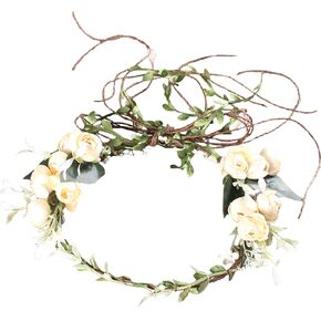 Flower Headband Rose Floral Headpiece Women Crown Leaf Bohemian Hair Hoops Bands Hairband Wreath Garland Cosplay Costume Dress Up Masquerade Halloween Wedding Birthday Party Accessories Supplies Beige
