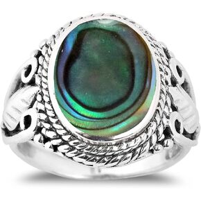 AeraVida Vintage Inspired Round Abalone Shell with Leaf Accents .925 Sterling Silver Ring