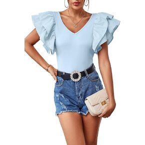 Vrtige Women's V Neck Ruffle Cap Sleeve Summer Blouse Top Shirt