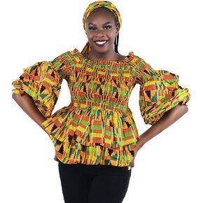 بلوزة نسائية بأكمام بوق مكشكشة من Kente ذات طباعة أفريقية