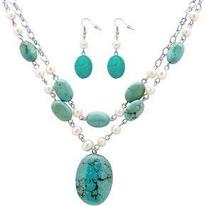 PalmBeach Silvertone Cultured Freshwater Pearl and Genuine Green Turquoise Necklace and Earring Set, 17 inches plus extension