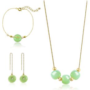 3 PCS Jade Jewelry Set for Women, Green Jade Beads Pendant Necklace, Green Donuts Drop Earrings, Ring Charm Bracelet, Gift for Mom, Wife, Sister