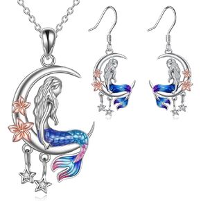 LUHE Mermaid Necklace and Earrings Set Sterling Silver Sea Mermaid Crescent Jewelry Gifts Jewelry for Girls Daughter Women in Kuwait