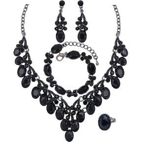 4 Pcs Elegant Wedding Jewelry Sets for Brides Bridesmaids Austrian Oval Crystal Bridal Statement Necklace Dangle Earrings Link Bracelet Resizable Ring Set Prom Costume Accessory for Women Gilrs
