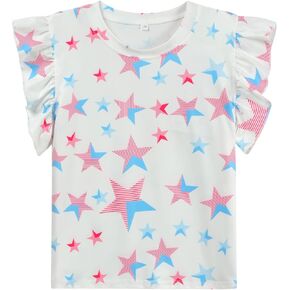 Toddler Girls July 4th Shirts American Flag Ruffle Short Sleeve Patriotic Outfits Blouse Tops