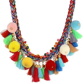 LUREME Bohemian Handmade Colorful Braided with Pom Pom and Tassels Statement Necklace Collar (nl005628)