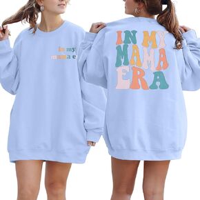 MYHALF Oversized Mama Sweatshirt Crewneck Mom Shirts Casual Letter Print Long Sleeve Pullovers Tops Light Blue