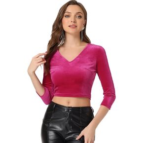Allegra K Women's Velvet Blouse V Neck 3/4 Sleeve Solid Halloween Crop Top