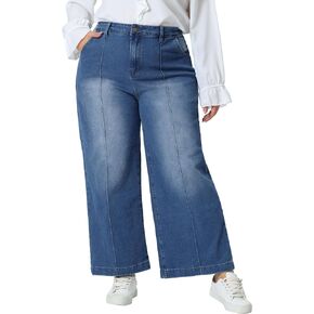Agnes Orinda Plus Size Jeans for Women Wide Leg Baggy Washed Stretch with Pockets Denim Ankle Pants
