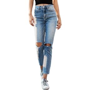 Women's High Waisted Mom Jeans Stretchy Ripped Destroyed Tapered Mom Jean Casual Boyfriend Jeans for Women Denim Pants
