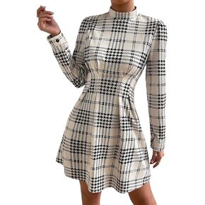 Milumia Women's Plaid Long Sleeve A Line Mini Dress Elegant Mock Neck Flared Dresses