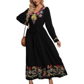 Grosy Women Long Sleeve Embroidered Mexican Dress for Fall Spring Peasant Style Traditional Floral Boho Maxi Dresses