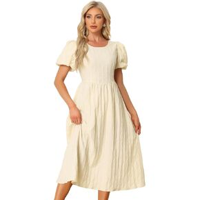 Allegra K Summer Dresses for Women's Puff Sleeve Round Neck Textured Flowy A-Line Midi Dress