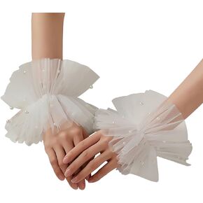 AUOCATTAIL White Short Lace Fingerless Glove Bridal Pearl Tulle Fingerless Wrist Cuffs Gloves for Women Girls Wedding Party Costume Accessories