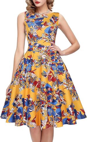 فستان حفلات الكوكتيل المتأرجح الكلاسيكي من OWIN للسيدات من الخمسينيات بدون أكمام مع جيوب in Kuwait