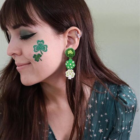 عيد القديس باتريك أقراط أقراط مطرزة للنساء الفتيات محظوظ الأيرلندية شامروك أقراط الورقة الخضراء قبعة البرسيم البيرة الأقراط المتدلية هدية عيد الأيرلندية in Kuwait