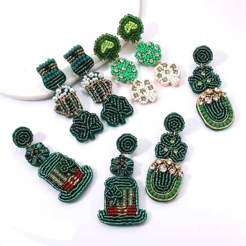 عيد القديس باتريك أقراط أقراط مطرزة للنساء الفتيات محظوظ الأيرلندية شامروك أقراط الورقة الخضراء قبعة البرسيم البيرة الأقراط المتدلية هدية عيد الأيرلندية in Kuwait