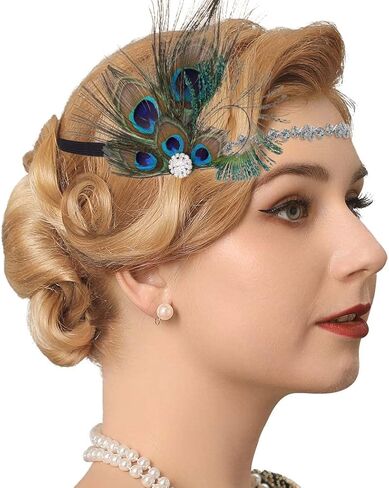 GENBREE 1920s Flapper Headband Peacock Feather Headpiece Rhinestone Gatsby Headbands Prom Party Hair Accessories for Women and Girls in Kuwait