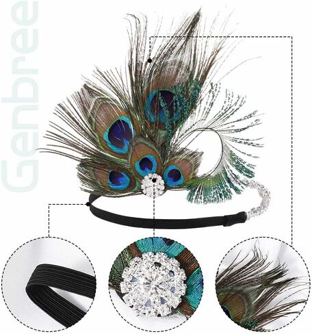 GENBREE 1920s Flapper Headband Peacock Feather Headpiece Rhinestone Gatsby Headbands Prom Party Hair Accessories for Women and Girls in Kuwait