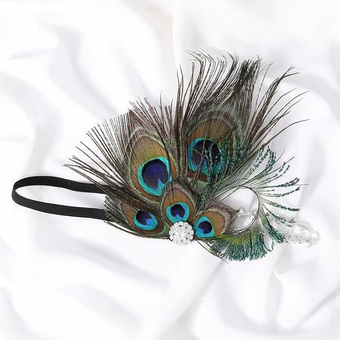 GENBREE 1920s Flapper Headband Peacock Feather Headpiece Rhinestone Gatsby Headbands Prom Party Hair Accessories for Women and Girls in Kuwait