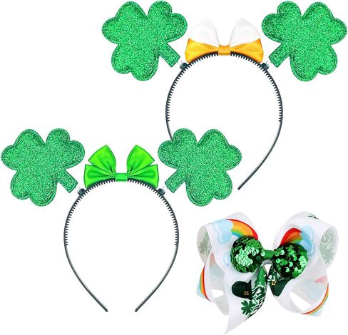 شريط راس بتصميم نبات نبات النفل بلون اخضر ايرلندي، مشبك شعر بفيونكة خضراء للنساء من 3 قطع، اكسسوارات ازياء عيد القديس باتريك in Kuwait