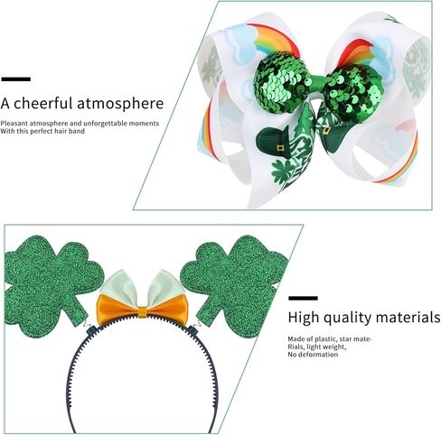 شريط راس بتصميم نبات نبات النفل بلون اخضر ايرلندي، مشبك شعر بفيونكة خضراء للنساء من 3 قطع، اكسسوارات ازياء عيد القديس باتريك in Kuwait