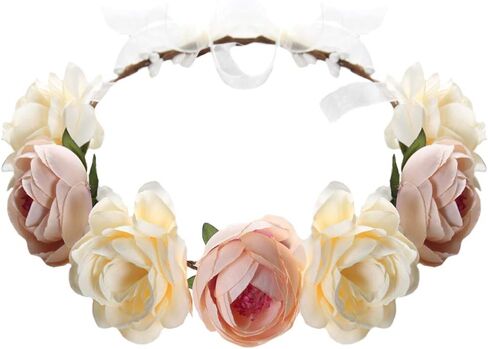 Flower Headband Rose Floral Headpiece Women Crown Leaf Bohemian Hair Hoops Bands Hairband Wreath Garland Cosplay Costume Dress Up Masquerade Halloween Wedding Birthday Party Accessories Supplies Beige in Kuwait