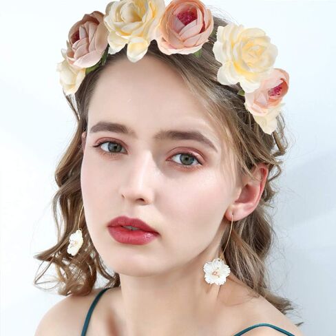 Flower Headband Rose Floral Headpiece Women Crown Leaf Bohemian Hair Hoops Bands Hairband Wreath Garland Cosplay Costume Dress Up Masquerade Halloween Wedding Birthday Party Accessories Supplies Beige in Kuwait