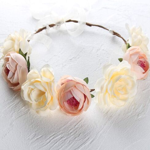 Flower Headband Rose Floral Headpiece Women Crown Leaf Bohemian Hair Hoops Bands Hairband Wreath Garland Cosplay Costume Dress Up Masquerade Halloween Wedding Birthday Party Accessories Supplies Beige in Kuwait