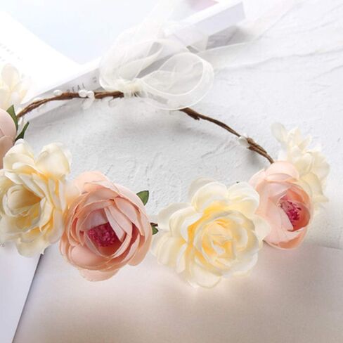 Flower Headband Rose Floral Headpiece Women Crown Leaf Bohemian Hair Hoops Bands Hairband Wreath Garland Cosplay Costume Dress Up Masquerade Halloween Wedding Birthday Party Accessories Supplies Beige in Kuwait