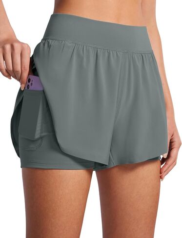 CRZ YOGA 2 in 1 Dolphin Running Shorts for Women High Waisted Gym Workot Athletic Tennis Shorts with Pockets Split in Saudi Arabia