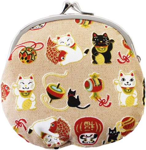 Japanese Traditional Chirimen Gamaguchi Coin Purse/Coin Pouch Manekineko (Beckoning Cat) Daruma Doll Design (Beige) in Saudi Arabia