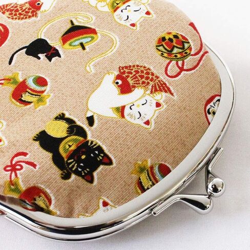 Japanese Traditional Chirimen Gamaguchi Coin Purse/Coin Pouch Manekineko (Beckoning Cat) Daruma Doll Design (Beige) in Saudi Arabia