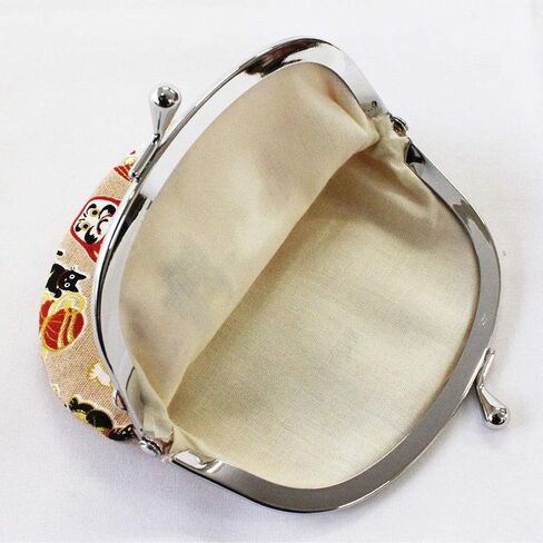 Japanese Traditional Chirimen Gamaguchi Coin Purse/Coin Pouch Manekineko (Beckoning Cat) Daruma Doll Design (Beige) in Saudi Arabia