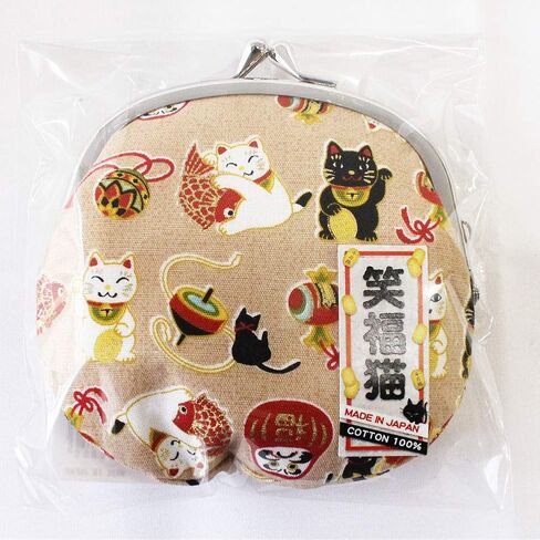 Japanese Traditional Chirimen Gamaguchi Coin Purse/Coin Pouch Manekineko (Beckoning Cat) Daruma Doll Design (Beige) in Saudi Arabia