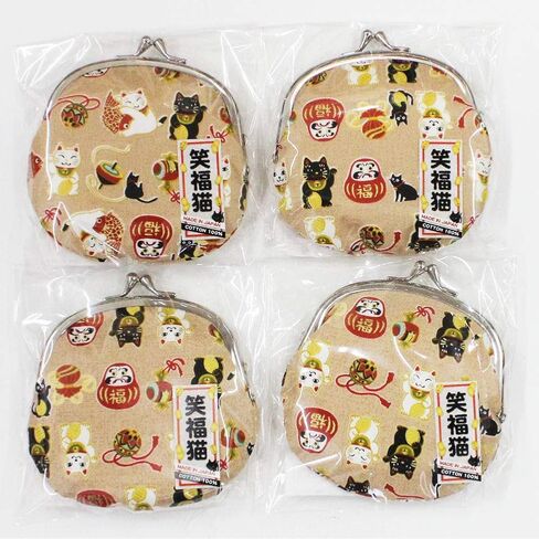 Japanese Traditional Chirimen Gamaguchi Coin Purse/Coin Pouch Manekineko (Beckoning Cat) Daruma Doll Design (Beige) in Saudi Arabia