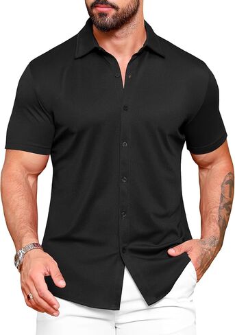 URRU Men's Muscle Dress Shirts Slim Fit Stretch Wrinkle Free Short Sleeve Casual Button Down Shirts in Saudi Arabia