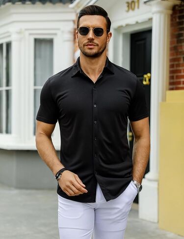 URRU Men's Muscle Dress Shirts Slim Fit Stretch Wrinkle Free Short Sleeve Casual Button Down Shirts in Saudi Arabia