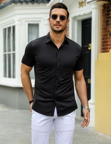 URRU Men's Muscle Dress Shirts Slim Fit Stretch Wrinkle Free Short Sleeve Casual Button Down Shirts in Saudi Arabia