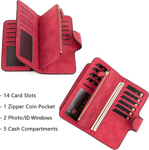 RFID Blocking Women Wallet Purse Soft Vegan Leather Trifold Credit Card Holder Organizer Ladies Clutch (Red) in Saudi Arabia