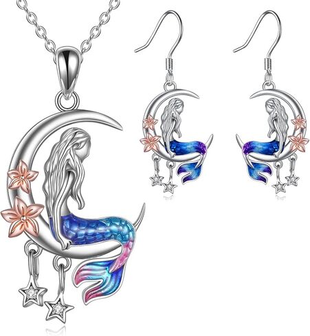 LUHE Mermaid Necklace and Earrings Set Sterling Silver Sea Mermaid Crescent Jewelry Gifts Jewelry for Girls Daughter Women in Kuwait