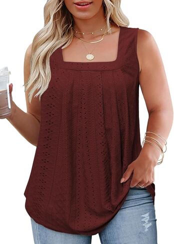 ROSRISS Plus-Size-Tank-Tops Summer Sleeveless Loose Fit Pleated Shirts Square Neck Tunics Eyelet Flowy Tees in Saudi Arabia
