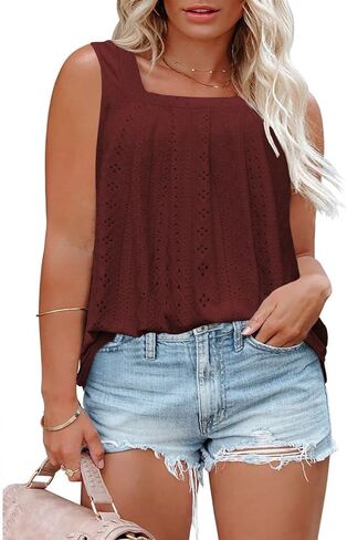 ROSRISS Plus-Size-Tank-Tops Summer Sleeveless Loose Fit Pleated Shirts Square Neck Tunics Eyelet Flowy Tees in Saudi Arabia