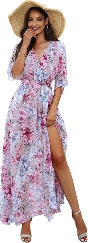 فستان ماكسي صيفي نسائي من Askdan فستان كاجوال بوهو مطبوع عليه زهور ورقبة على شكل V 3/4 كم فتحة على شكل حرف A فساتين طويلة متوسطة الطول للشاطئ in Kuwait