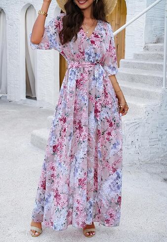 فستان ماكسي صيفي نسائي من Askdan فستان كاجوال بوهو مطبوع عليه زهور ورقبة على شكل V 3/4 كم فتحة على شكل حرف A فساتين طويلة متوسطة الطول للشاطئ in Kuwait