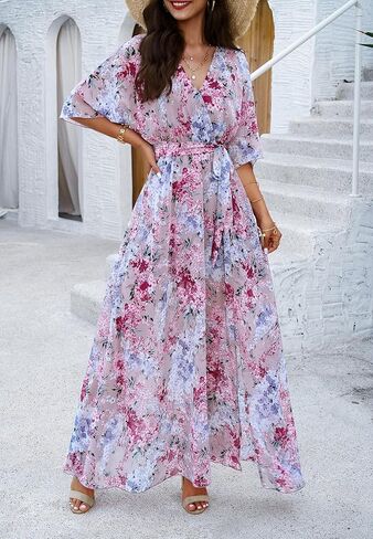 فستان ماكسي صيفي نسائي من Askdan فستان كاجوال بوهو مطبوع عليه زهور ورقبة على شكل V 3/4 كم فتحة على شكل حرف A فساتين طويلة متوسطة الطول للشاطئ in Kuwait